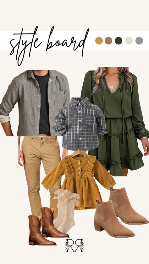 Olive Green Navy Cream Family Pictures, Fall Family Photo Outfits Mustard Yellow, Green And Mustard Family Photos, Olive Green Outfit Family Pictures, Fall Family Pictures Outfits Dark Green, Fall Green Family Pictures Outfits, Green Dress Fall Family Photos, Olive Green Dress Family Pictures, Khaki Family Photoshoot