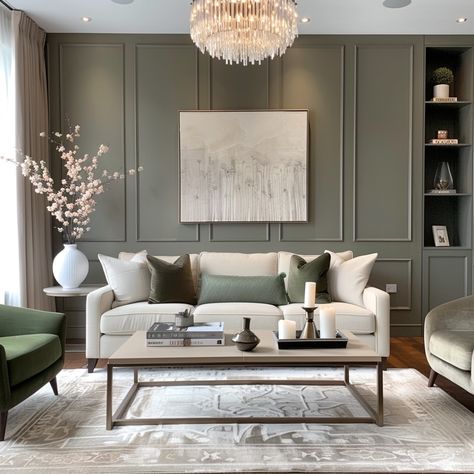 Would you do Olive green anywhere in your home? Design by @emmas_interior_style . . . . . . . . . . . . . . #olivegreen #homedecor #interiordesign #greeninterior #colortrends #modernhome #homeinspiration #designideas #greenliving #decorinspo #interiorstyling #homemakeover #stylishhomes #greendecor Olive And White Living Room, Green Wall Tv Room, Olive Accent Wall Living Room, Olive Green Living Room Decor, Green Accent Wall Living Room, Olive Green Lounge, Olive Green Living Room, Olive Green Rooms, Olive Green Decor