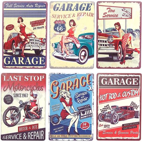 Kitchen Yard, Man Cave Pub, Vintage Garage, Decoupage Printables, Pin Up Girl Vintage, Retro Metal Signs, Tin Walls, Retro Sign, Retro Wall Decor