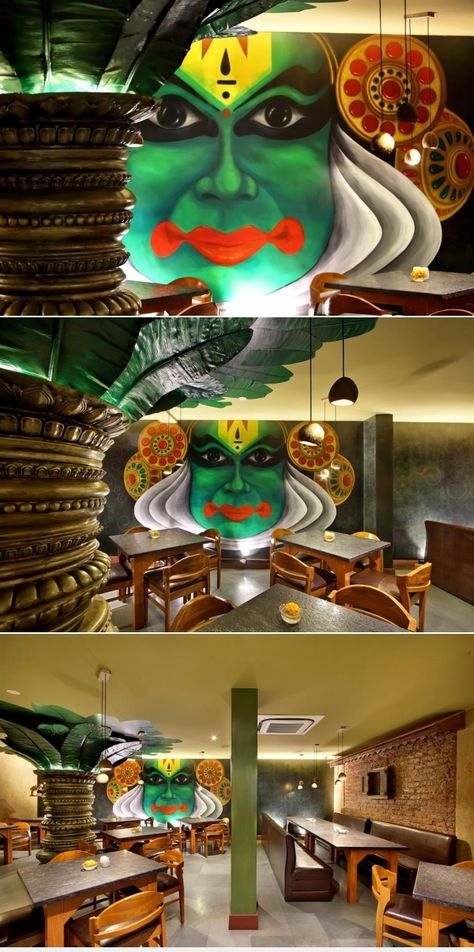 Wall Mural Is a Major Highlight in South Indian Restaurant | StudioOutline Paint For Restaurant, Kerala Restaurant Design, Dosa Shop Design, South Indian Restaurant Design, Kerala Restaurant Interiors, South Indian Cafe Interior Design, Dhaba Design Ideas Indian, South Indian Theme Decor, South Indian Cafe