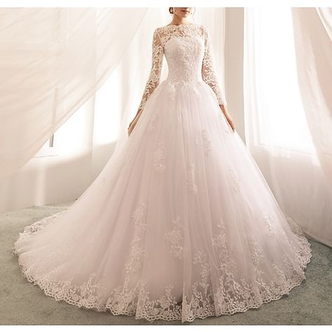 Silhouette:Ball Gown; Hemline / Train:Court Train; Closure:Covered Button; Fully Lined:Yes; Built-In Bra:Yes; Wedding Events:Engagement,Church; Embellishment:Appliques; Fabric:Tulle,Lace; Sleeve Length:Long Sleeve; Tips:Professional dry cleaner only,Colors may vary slightly due to different monitor settings,The photo is the effect of wearing a petticoat. But dress does not include petticoat. You may order the petticoat separately.; Theme:Luxurious,Romantic; Boning:Yes; Style:Formal; Waistline:Na Cheap Bridal Dresses, Jeweled Wedding Dress, Lace Wedding Dress With Sleeves, Cheap Wedding Dresses Online, Gown Bridal, Lace Bridal Gown, Sleeve Wedding Dress, Formal Dresses For Weddings, Fall Wedding Dresses