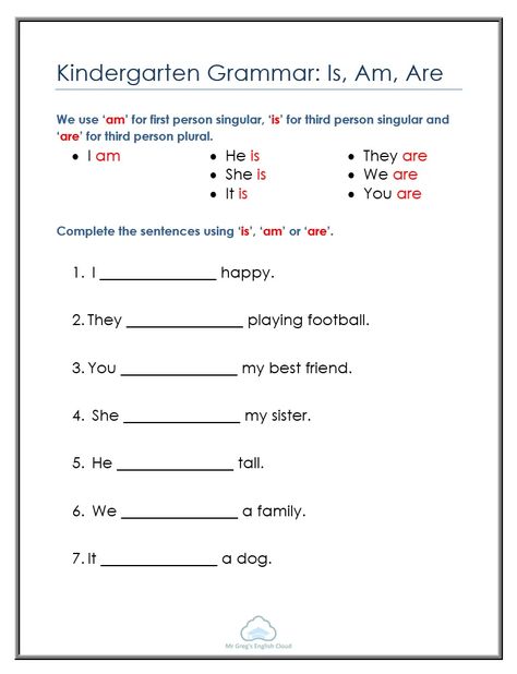 Kindergarten Grammar: Is, Am, Are - Mr Greg's English Cloud Basic Grammar For Kids, Am Is Are Grammar, Sentences For Kindergarten, Kindergarten Grammar, Article Grammar, Verb To Be, English Grammar Exercises, English Grammar For Kids, Reading Comprehension Lessons