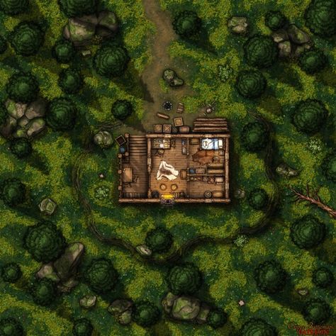 Hunter's Cabin [25x25] - FREE | Patreon Hunters Cabin, Farm Cabin, Post Apo, Curse Of Strahd, Battle Map, Forest Cabin, Unique Maps, Dnd Maps, Day And Night