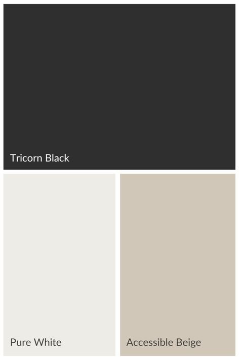 Tricorn Black and complementary paint colors Black And Tan Paint Scheme, Accessible Beige And Tricorn Black, Iron Ore And Greek Villa, Tricorn Black Color Palette, Tricorn Black Sherwin Williams, Sw Tricorn Black, Sherwin Williams Tricorn Black, Black Painted Stairs, Black Trim Interior