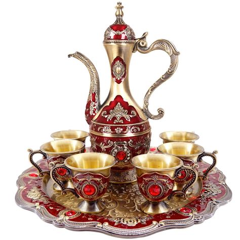 PRICES MAY VARY. 【Set Included】Turkish Coffee Pot Teapot Set includes 6 metal cups,1 teapot,1 tea tray. 【Material and Size】The coffee pot set is made of metal;The size is small,please confirm that it meets your needs before ordering.Teapot: 4.92×2.95×8.46 inch/12.5×7.5×21.5 cm; Cup:2.55×1.92×1.96 inch/6.5×4.9×5 cm;Tray Diameter: 9.44 inch/24 cm. 【Retro Elegance】This retro Turkish coffee pot set is elegantly designed.Each piece is inlaid with artificial rhinestones to create a luxurious style.The Wine Cabinet Decor, Tea Table Decor, Turkish Coffee Pot, Tea Service Set, Food Aesthetics, Turkish Tea, Metal Cups, Tea Sets Vintage, Wine Set