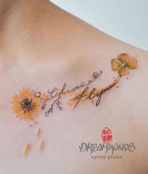 #yellow #flowertattoo With #quotetattoo - A Best Shoulder Tattoo Designs #shouldertattoo #tattoos #shoulder Star Tats, Shoulder Tattoo Designs, Daughters Name Tattoo, Tattoos For Women On Thigh, Name Tattoos For Moms, Name Tattoos On Wrist, Unique Tattoos For Women, Cool Shoulder Tattoos, Tattoos Infinity