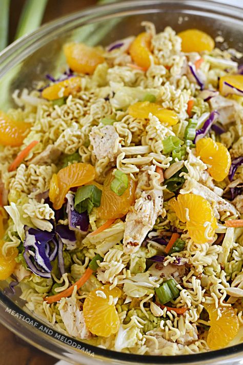 Chinese Ramen Chicken Salad with crunchy ramen noodles, Napa cabbage, coleslaw mix and Mandarin oranges is an easy main dish salad perfect for summer. With its tangy homemade dressing, this easy meal is a family favorite and perfect for potluck dinners! Ramen Chicken Salad, Cabbage Ramen, Napa Cabbage Recipes, Cabbage Coleslaw, Ramen Chicken, Mandarin Orange Salad, Chinese Chicken Salad Recipe, Ramen Salad, Ramen Noodle Salad