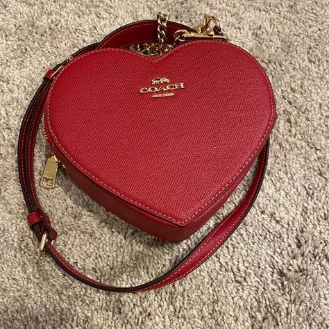 Glovetanned Leather One Credit Card Slot Zip Closure, Fabric Lining Detachable Strap With 21 1/2" Drop For Shoulder Or Crossbody Wear 7 1/2" (L) X 6 1/2" (H) X 2 1/4" (W) Style No. Ce724 Coach Heart Bag, Coach Belt Bag, Heart Shaped Purse, Heart Crossbody Bag, Side Bags For Women, Heart Purse, Heart Shaped Bag, Hand Bags For Women, Retro Future