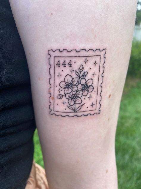 Stamp Tattoo Ideas Postage, 444 Flower Tattoo, Iris Stamp Tattoo, Vintage Post Stamp Tattoo, 444 Tattoo With Flowers, Violet Stamp Tattoo, Floral Postage Stamp Tattoo, Flower Postage Stamp Tattoo, Stamp Tattoo Flower