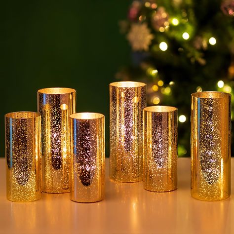 Gold Pillar Candle Holders, Gold Pillar Candles, Cylinder Candle Holders, Gold Votive Candles, Vases For Centerpieces, Mercury Glass Candle Holders, Mercury Glass Candles, Wedding Dining, Cylinder Candles