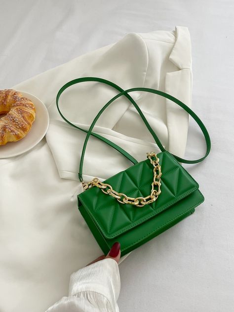 Mini Chain Bag, Chain Decor, Purple Details, Green Handbag, Fancy Bags, Vintage Purses, Chain Crossbody Bag, Mini Quilt, Black Chain