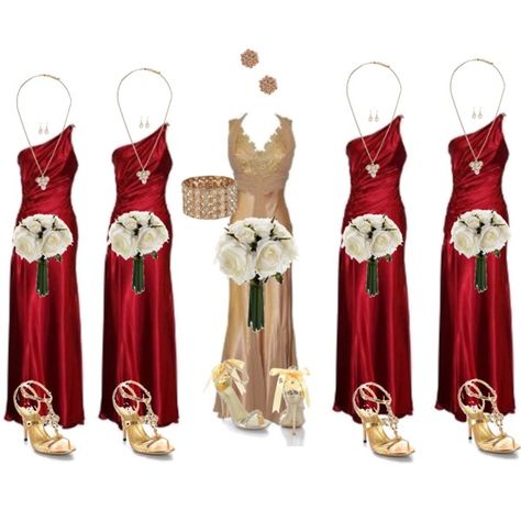 Maid of honor and bridesmaids dresses :) maybe do all in red Red And Gold Wedding, Wedding Party Attire, Red Gold Wedding, Wedding Colors Red, Vintage Wedding Party, Red Wedding Theme, Red Rose Wedding, Black Bridesmaids, Gold Bridesmaids