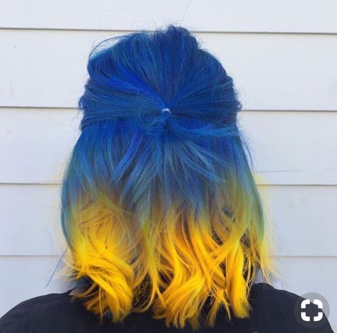 Three Color Hair Dye Ideas, Blue And Orange Hair, Bright Hair Color Ideas, Hair Color Combos, Yellow Hair Color, Multi Colored Hair, Multicolored Hair, Hair Color Purple, Bright Hair