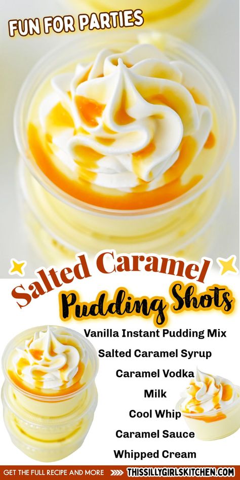 Fall Pudding Shots, Salted Caramel Pudding Shots, Caramel Pudding Shots, Salted Caramel Pudding, Chocolate Pudding Shots, Salted Caramel Vodka, Pudding Shot Recipes, Easy Salted Caramel, Jello Pudding Shots