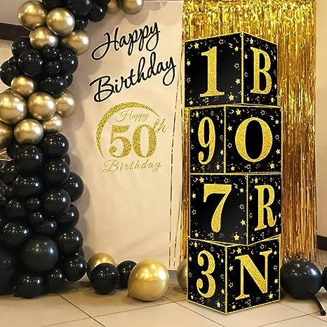 Amazon.com: TONIFUL 50th Birthday Party Decorations - 4 Pcs Black Gold 50th Birthday Boxes with 1973 Aged to Perfection Print - Ideal for Creating Beautiful Birthday Decorations for Men and Women : Home & Kitchen Diy 50th Birthday Decorations, 50th Birthday Party Diy, 50th Birthday Party Centerpieces, 50th Birthday Table Decorations, 40th Birthday Centerpieces, 50th Birthday Party Themes, 50th Birthday Party Ideas For Men, 50th Birthday Centerpieces, Birthday Boxes