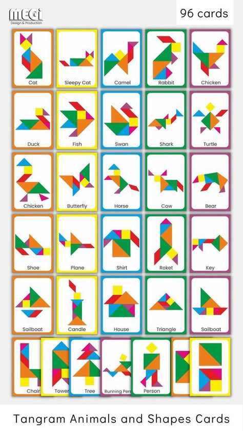 This fun Tangram Animals and Shapes Cards are instant download. Include: 30 Easy Tangram Animal and Shapes Cards 30 Medium Tangram Animal and Shapes Cards 30 Hard Tangram Animal and Shapes Cards 6 Tangram Square Cards Tangram Pattern for Free SIZES Cards 3.5x5 inc (8.9x12.7cm) Tangram 6x6 inc (15.2x15.2cm) ZIP include 26 High quality PDF File - A4 8 For Easy Tangram Cards 8 For Medium Tangram Cards 8 For Hard Tangram Cards 2 For Tangram Shapes Tangram Animals, Tangram Design, Tangram Shapes, Tangram Activities, Tangram Patterns, Puzzle Printable, Earth Day Drawing, Puzzle Cards, Cognitive Activities