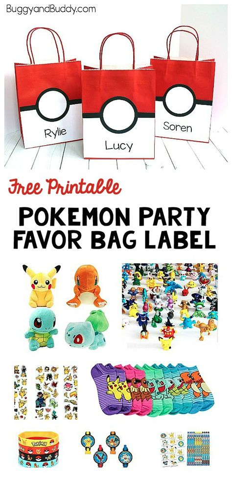 Pokemon Party Favor Bag: Make a simple pokeball treat bag for your Pokemon themed birthday party using our free printable that can be personalized. You'll also find Pokemon party favor gift ideas! ~ BuggyandBuddy.com Pokemon Gift Bags Diy, Pokemon Party Bags, Party Favor Gift Ideas, Pokemon Favor, Pokemon Party Favors, Pokemon Bag, Pokemon Themed Party, Pokémon Birthday, Pokémon Party