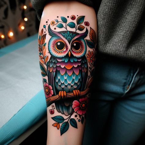 Discover elegant owl tattoo ideas 🦉✨ that symbolize wisdom and mystery. Perfect for those seeking a meaningful and beautiful tattoo. #ai #tattoo #tattoo_for_woman #tattoo_ideas #tattoo_for_man Owl Tattoo Ideas, Traditional Owl Tattoos, Colorful Owl Tattoo, Tattooed Man, Cute Owl Tattoo, Traditional Style Tattoo, Blue Rose Tattoos, New Tattoo Designs, Woman Tattoo