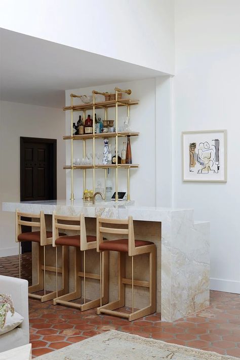 Exposed Beams Ceiling, Glass Shower Panels, Emily Henderson Design, Home Bar Design, 70s Home, Stucco Walls, Spanish Style Home, Contemporary Bar, Dark Wood Floors