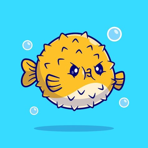 Fish Drawings Cartoon, Cute Puffer Fish Drawing, Puffer Fish Painting, Kawaii Fish Drawing, Cartoon Fish Tattoo, Fish Cute Drawing, Cartoon Fish Cute, Fish Illustration Cute, Puffer Fish Illustration