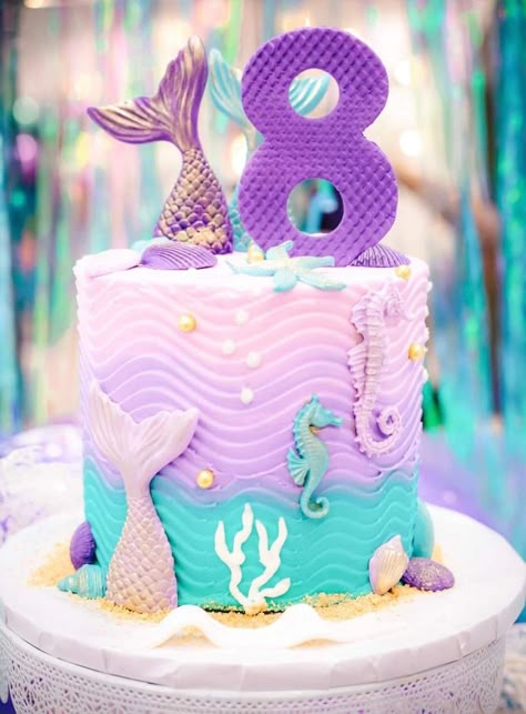 Mermaid Theme Cake Design, Simple Mermaid Cake Design, Mermade Cake, Birthday Cake 8th Girl, Mermaid Cake Diy, Mermaid Cake Ideas Birthdays, Mermaid Cakes For Girls Birthday, Simple Mermaid Birthday Cake, Pastel Mermaid Cake