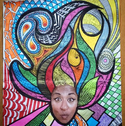 ZenTANGLED Hair art lesson! Portrait. Cut. Draw crazy hair. Zentangle patterns. Crazy Hair Drawing, Hair Zentangle, Zentangle Hair, Visual Art Lessons, Face Doodles, Mathematics Art, September Art, Self Portrait Art, 7th Grade Art