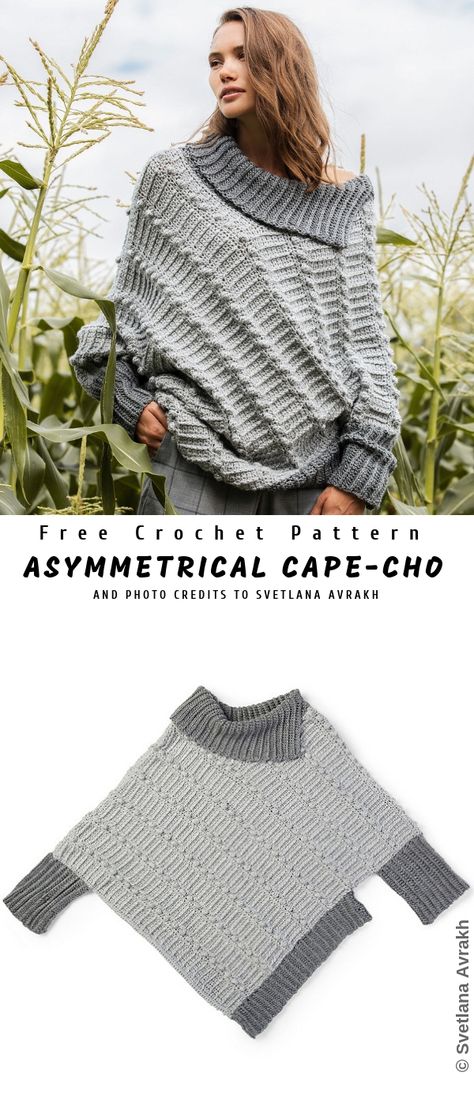 Asymmetrical Cape-Cho Sweater Jaket Crochet, Asymmetrical Cape, Sweater Dress Pattern, Crochet Sweater Dress, Crochet Sweater Free, Pretty Cardigans, Irish Crochet Dress, Easy Crochet Patterns Free, Patterned Cardigans