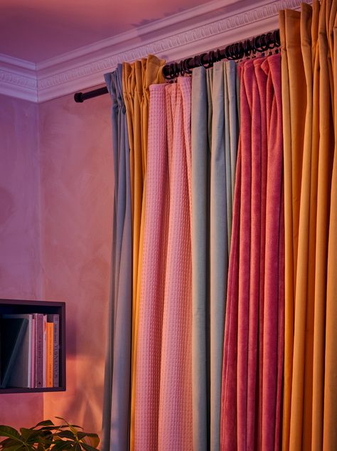 Living Room Curtains Colorful, Colorful Bedroom Curtains, Statement Curtains Living Room, Mismatched Curtains, Colorful Curtains Living Room, Colourful Curtains, Mix And Match Curtains, Colored Curtains, Eclectic Curtains