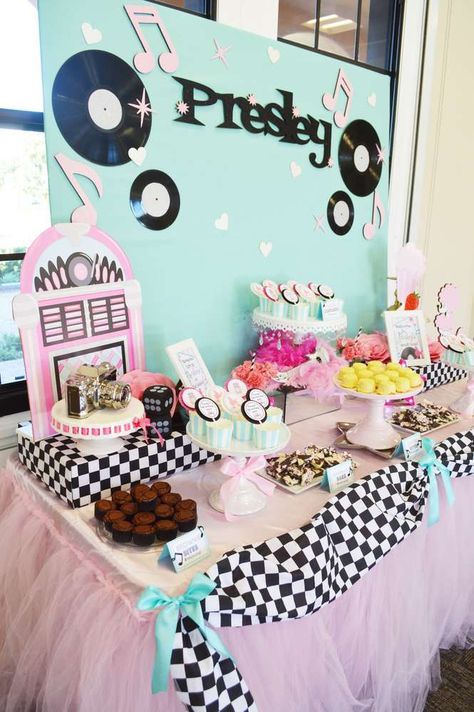 50's sock hop birthday party! See more party planning ideas at CatchMyParty.com! 50s First Birthday Party, Sock Hop Party Ideas For Adults, 1950s Party Ideas, Elvis Birthday Party, Grease Themed Parties, 50s Birthday, Grease Theme, Fifties Party, 50s Theme