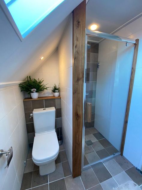 En Suite Slanted Roof, Small Attic Shower Room, Small Attic Ensuite, Bathroom Under Stairs With Shower Layout, Small Bathroom Under Stairs, Small Attic Bathroom Sloped Ceiling, Tiny Attic Bathroom, Attic Ensuite, Loft Bathroom Ideas