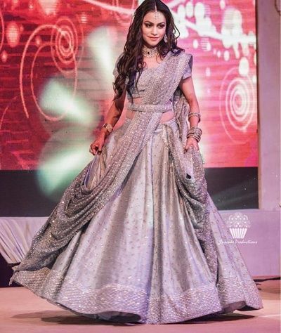 Sangeet Lehengas - Grey Lehenga with A Grey net Dupatta and Waistbelt | WedMeGood #wedmegood #indianbride #indianwedding #bridal #grey #sangeetlehenga #lehenga #lehanga Lengha White, Wedding Lengha, Sabyasachi Collection, Engagement Dress For Bride, डिजाइनर कपड़े, Engagement Lehenga, Dress Pakistani, Indian Wedding Gowns, Sangeet Outfit