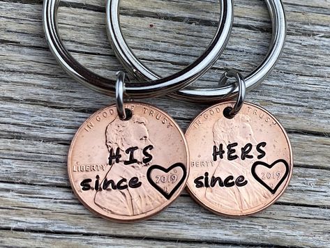 "This cute couples penny keychain is the perfect gift for your boyfriend, girlfriend, husband or wife. Give this keychain for an anniversary gift, birthday gift or a thinking of you gift. the perfect keepsake. The penny comes hand stamped with \"HERS since or HIS since and a heart around the year. The Year represents the year you met, a new marriage or your anniversary date. HOW TO ORDER: *Select penny year * choose option of both keychains, Hers since, or His since Your special penny keychain c Valentines Crafts For Toddlers, Country Boyfriend Gifts, Diy Valentine Gifts For Boyfriend, Penny Keychain, Valentine Gift For Him, Boyfriend Crafts, Creative Gifts For Boyfriend, Bf Gifts