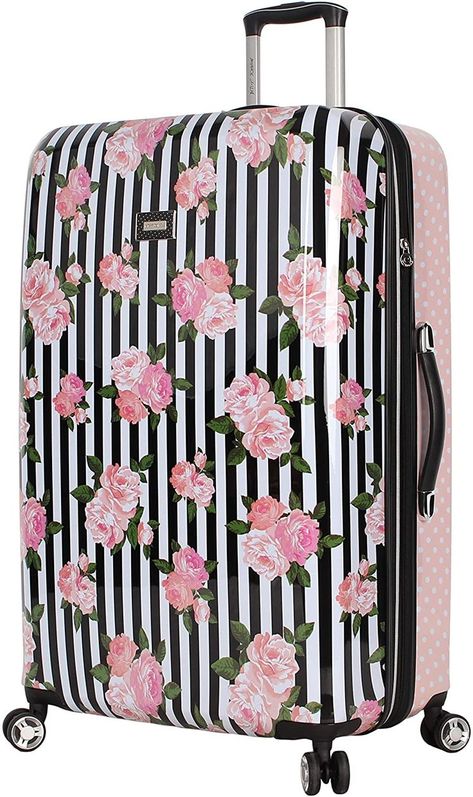 Expandable Scratch Resistant (ABS + PC) Hardside Suitcase - Designer Lightweight Bag with 8-Rolling Spinner Wheels (30in, Stripe Roses) #CommissionEarned Betsey Johnson Luggage, Cute Suitcases, Rose Bag, Large Suitcase, Hardside Luggage, Checked Luggage, Best Luggage, Spinner Suitcase, Spinner Luggage