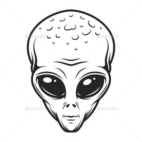 Vintage Monochrome Alien Face Concept by imogi | GraphicRiver Alien Face, Peace Sign, Black And White, Drawings, White, Black