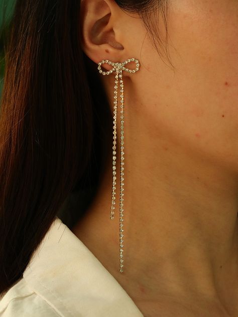 Rhinestone Bow Earrings, Silver Bow Earrings, Diy Pearl Jewelry, Big Dangle Earrings, Bow Earring, Gold Rhinestone Earrings, Earrings Shein, Ankle Bracelets Diy, Earrings Outfit