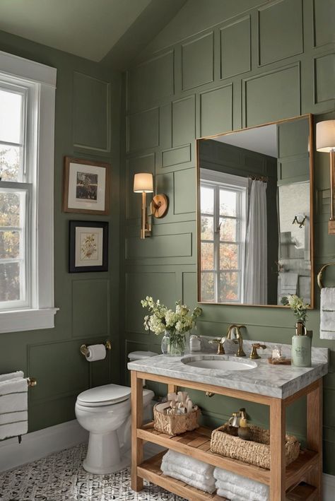 interior design, home decor, kitchen designs, living room interior Green Tone Bathroom Ideas, Green White Bathroom Ideas, Brown And Green Bathroom Ideas, Dark Green Walls Bathroom, Army Green Bathroom, Sw Oakmoss, Clawfoot Tub Decor, Green Walls Bathroom, Bathroom With Green Walls