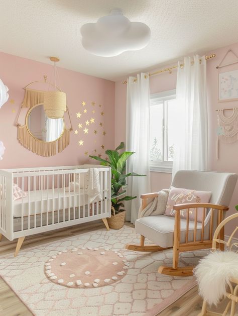 Baby Room Ideas For Girls Themes, Pink And Tan Nursery, Baby Girl Nursery Light Pink, Whimsical Baby Girl Nursery, Pink Nursery Aesthetic, Pink Baby Room Ideas, Light Pink Nursery Walls, Girl Baby Nursery Ideas, Nursery Themes Girl