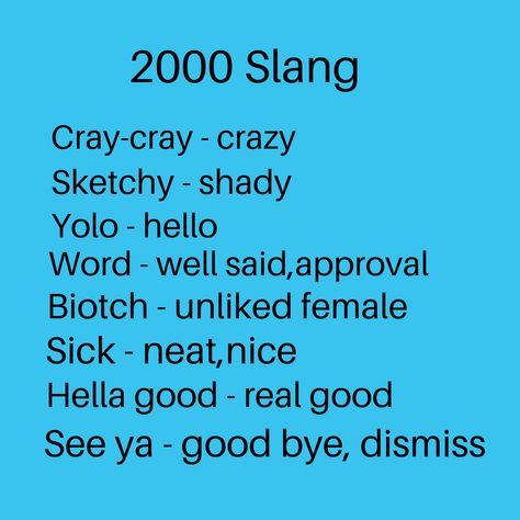 2000 Slang sayings. 2000s Slang Words, 2000s Sayings, 90s Sayings, Y2k Words, Slang Words Popular, 70s Slang, 80s Slang, 90s Slang, American Slang Words