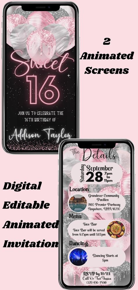 Digital Sweet 16 Invitation Pink Sweet 16 Invites Template Animated 16th Birthday Party Invitation Sweet Sixteen Invitation Pink and Silver - Etsy Sweet 16 Invites, Invites Template, Pink Sweet 16, Sweet Sixteen Invitations, Taco Bar, Invitation Pink, Sweet 16 Invitations, 16th Birthday Party, Pink And Silver