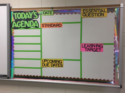 Standards Board Classroom, Teacher Agenda Board, Agenda Classroom Board, Agenda Whiteboard Classroom, Agenda Board Classroom Middle School, Class Agenda Board, High School Whiteboard Organization, Agenda Board Classroom Elementary, Common Board Configuration Elementary