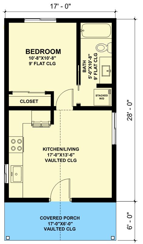 Enjoy the simple life in this 476 square foot ADU with 6'-deep front porch. Just 17' wide, this can fit virtually any lot. The bedroom is located in back along with the bathroom with stackable laundry. The front of the home is vaulted and gives you a kitchen lining the left side and space for lounging on the right. NOTE:  Please allow 3 to 5 business days for delivery. 16 By 30 House Plans, 16x24 Floor Plans With Loft, 16 X 30 House Plans, One Bedroom One Bath House Plans, Tiny House Layout Floor Plans 12x24, Small House Plans 2 Bedroom 2 Bathroom, 16x30 Floor Plan Layout, 16x24 Floor Plans Tiny House, 400sq Ft House Plans