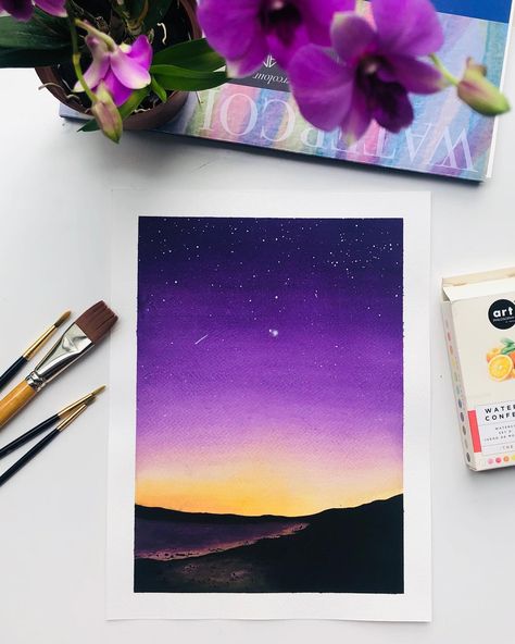 Sky Watercolor Painting, Night Sky Watercolor, Purple Night Sky, Watercolor Night Sky, Painting Sunrise, Sky Watercolor, Purple Yellow Orange, Night Sky Art, Purple Night