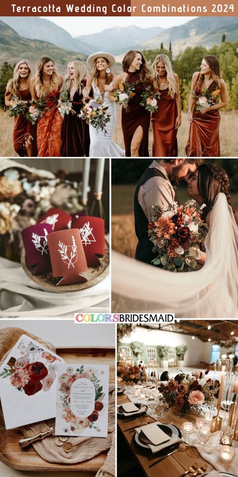 Terracotta and burgundy wedding color combos inspirations for 2024: mixed terracotta and burgundy bridesmaid dresses, terracotta and burgundy drinks cozies, terracotta and burgundy wedding bouquets, wedding invitations with terracotta and burgundy flowers patterns, terracotta and burgundy wedding table decorations. #weddingcolors #weddingideas #fallweddings #terracottaweddings #colsbm #2024 #bridesmaiddresses #terracottaandburgundy Orange And Maroon Color Palette, Sunset Terracotta Wedding Colors, Wedding Theme Terracotta, Burgundy Drinks, Burgundy Wedding Table Decorations, Burgundy And Terracotta Wedding, Rust Orange Wedding Color Combos, Terracotta And Burgundy Wedding, Burgundy And Rust Wedding