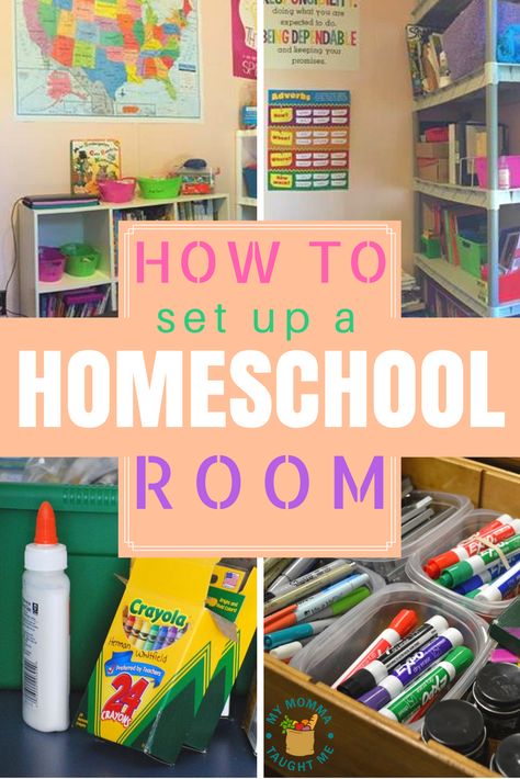 How To Set Up A Homeschool Room. Easy tips to make your room feel more organized! Modern Farmhouse Homeschool Room, Homeschool Room Layout Ideas, Homeschool Set Up Kindergarten, Prek Homeschool Room, Unschooling Room, Preschool Homeschool Set Up Small Space, Home School Classroom Set Up, Kindergarten Homeschool Room, Homeschool Set Up Ideas