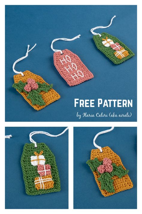 Sugarplum Gift Tag Free Crochet Pattern Christmas Card Crochet, Crochet Xmas Gifts, Crochet Christmas Ornaments Free Pattern, Christmas Applique Patterns, Christmas Gift Tags Free, Christmas Applique Designs, Xmas Gift Tags, Christmas Tree Gift Tags, Crochet Christmas Ornaments Free