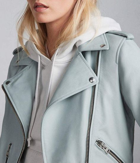 Mint Biker Jacket #womensfashion #leatherjackets #mint #ad Blue Leather Jacket Outfit, Pastel Leather Jacket, Biker Jacket Outfit, Pastel Leather, Blue Leather Jacket, White Leather Jacket, Leather Jacket Style, Leather Jacket Outfits, Turkish Fashion