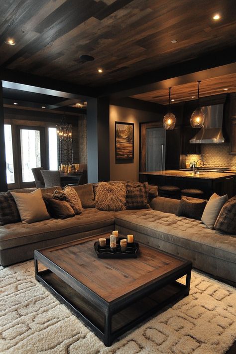 "Warm up your living room with cozy, earth-toned decor! 🌿🛋️ #LivingRoomIdeas #CozyDesign #EarthyDecor" Earth Tone Living Room Modern, Rustic Dark Living Room, Couples Apartment Decorating Living Room, Black Brown Home Decor, Living Room Men Masculine Interior, Earth Tone Modern Living Room, Moody Earth Tone Living Room, Dark Brown House Interior, Brown Ceiling Living Room