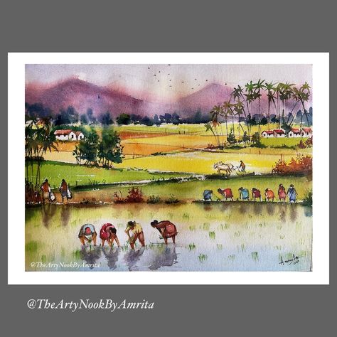 Buy Indian Village Scene Watercolor Painting/ Indian Countryside Scenery/ Paddy Fields Gallery Wall Art/ Home Decor Art/ Living Room Painting Online in India - Etsy Painting Of Village Scene, Indian Agriculture Painting, Indian Farmer Painting, Village Farmer Painting, Paddy Field Drawing, Village Painting Indian, Water Colours Painting Landscape, Village Composition Painting, Paddy Field Painting