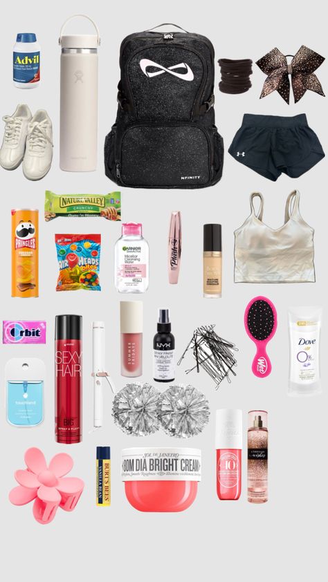 #cheer bag#￼ Cheer Bag Aesthetic, What To Put In Your Cheer Bag For Practice, What To Keep In Your Cheer Bag, What’s In My Cheer Bag, What To Put In Your Cheer Bag, Cheer Bag Essentials, Cheer Essentials, Cheer School, Cheerleading Bags