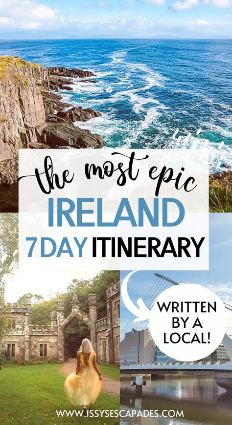 destinations from a 7 day ireland itinerary - waves crashing against cliffs on slea head,  girl in yellow dress walking towards a dreamy castle, and the modern samuel beckett bridge in dublin reflected in the river liffey under blue skies. Ireland Road Trip Itinerary, Ireland Travel Tips, Galway Girl, Ireland Road Trip, Ireland Itinerary, Visit Dublin, Travel Ireland, Ireland Travel Guide, Ireland Trip